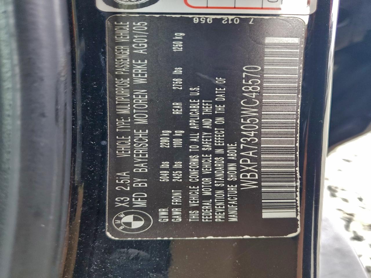 2005 BMW X3 2.5I VIN: WBXPA73405WC48570 Lot: 95902505