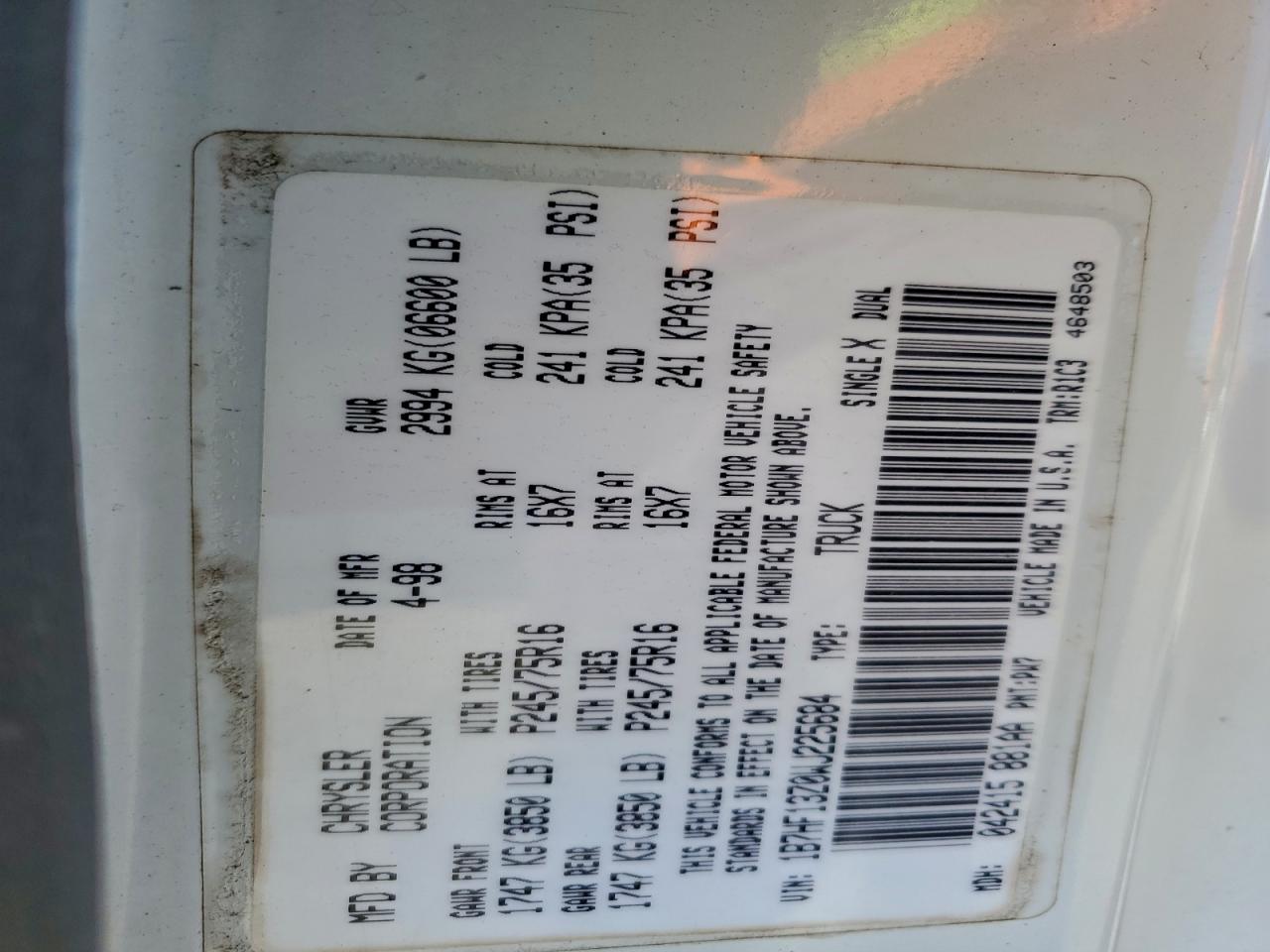 1998 Dodge Ram 1500 VIN: 1B7HF13Z0WJ225684 Lot: 94952885