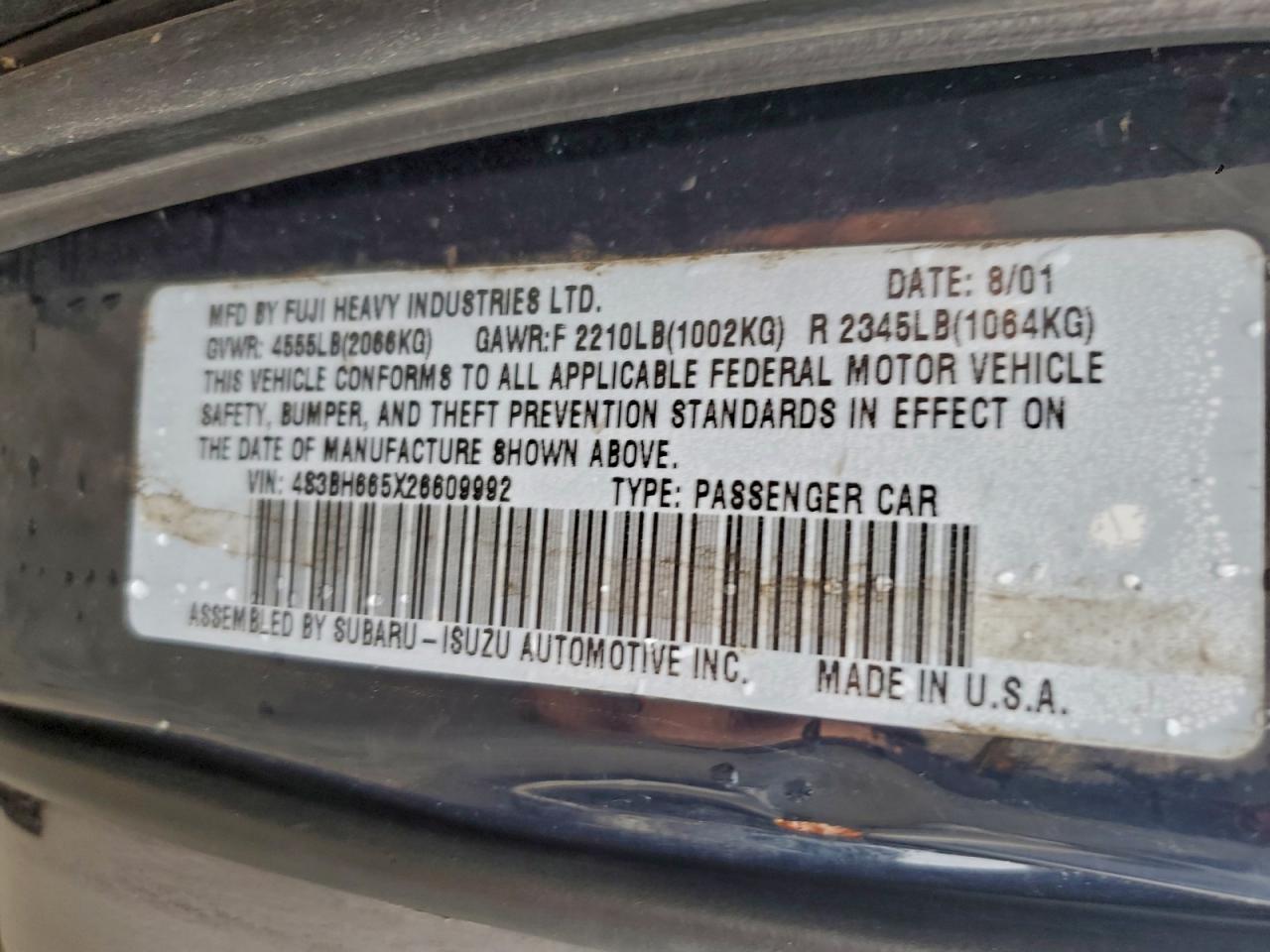 2002 Subaru Legacy Outback VIN: 4S3BH665X26609992 Lot: 97064185