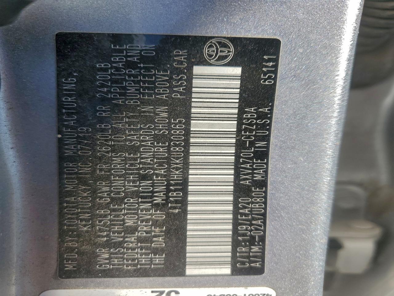 2019 Toyota Camry L VIN: 4T1B11HKXKU830865 Lot: 96469375