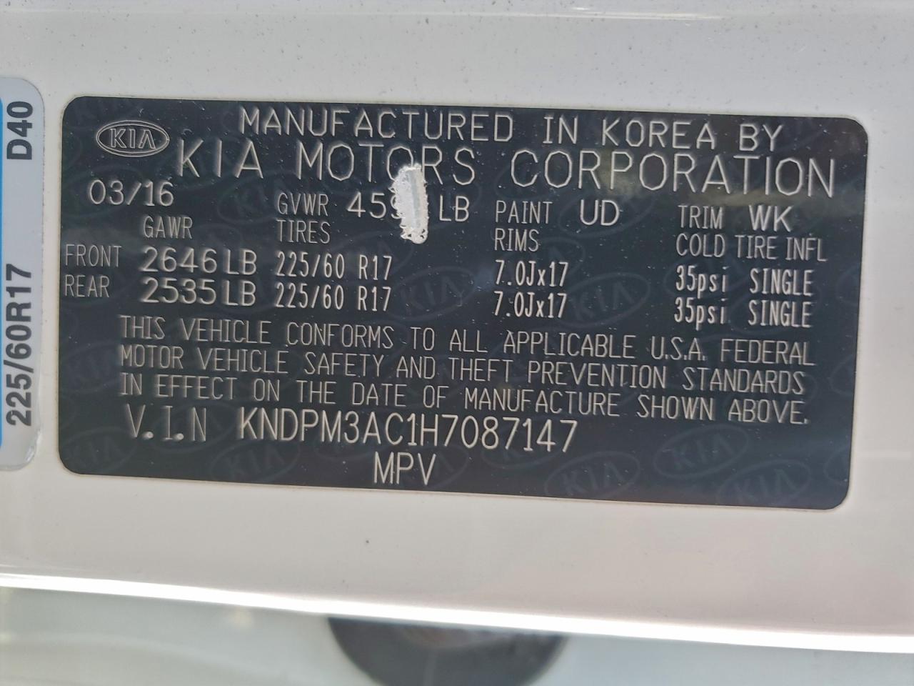 2017 Kia Sportage Lx VIN: KNDPM3AC1H7087147 Lot: 96624955