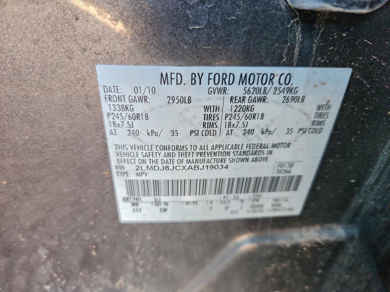 2010 Lincoln Mkx VIN: 2LMDJ8JCXABJ19034 Lot: 92652425