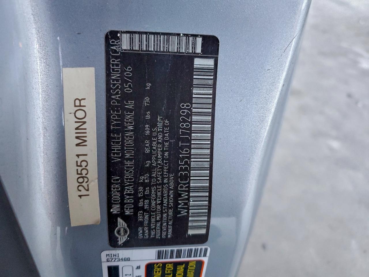2006 Mini Cooper VIN: WMWRC33516TJ78298 Lot: 94801375