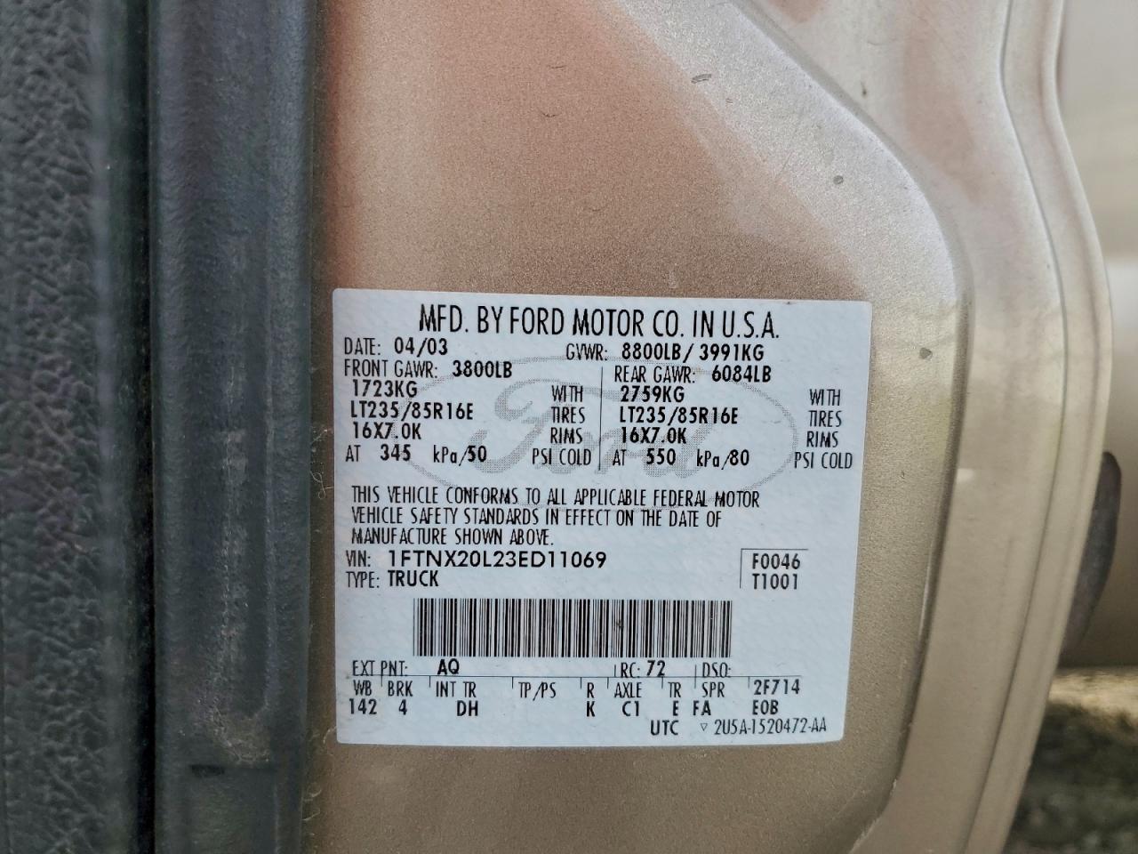 2003 Ford F250 Super Duty VIN: 1FTNX20L23ED11069 Lot: 94745335