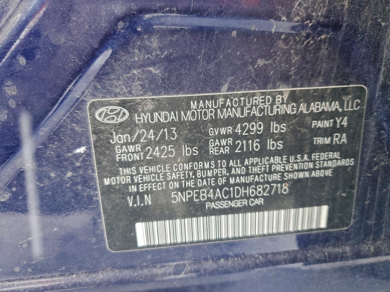 2013 Hyundai Sonata Gls VIN: 5NPEB4AC1DH682718 Lot: 97001175