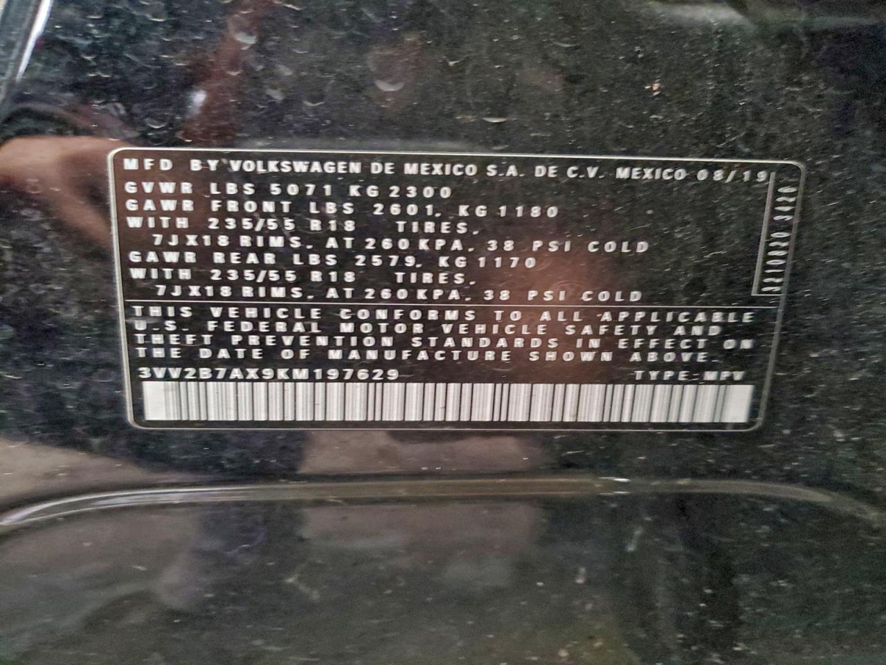 2019 Volkswagen Tiguan Se VIN: 3VV2B7AX9KM197629 Lot: 95273675