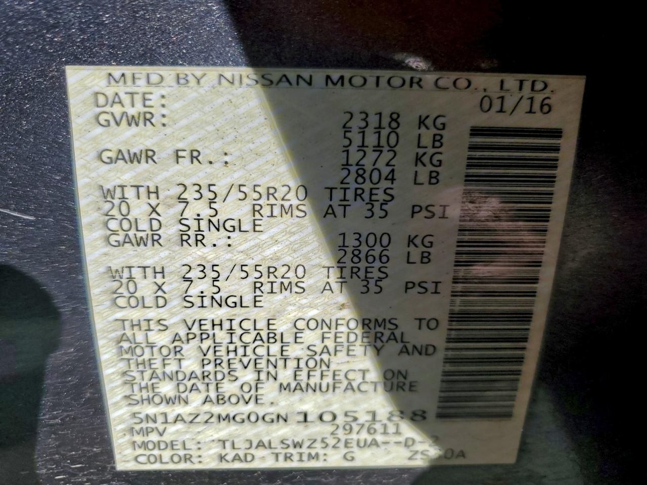 2016 Nissan Murano S VIN: 5N1AZ2MG0GN105188 Lot: 95556375