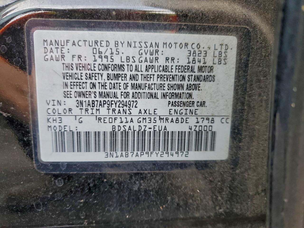 2015 Nissan Sentra S VIN: 3N1AB7AP9FY294972 Lot: 95877835