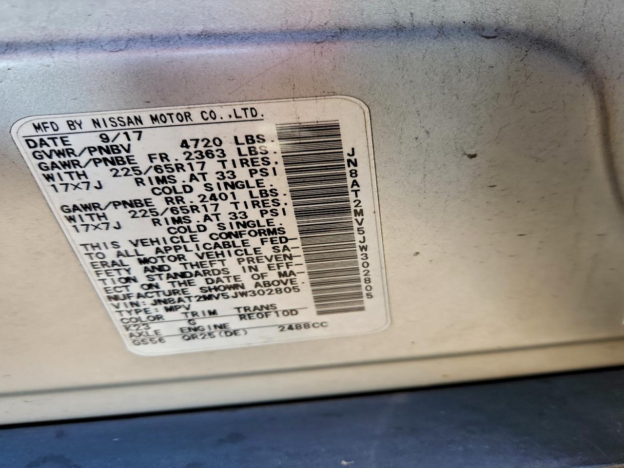 2018 Nissan Rogue S VIN: JN8AT2MV5JW302805 Lot: 95523995