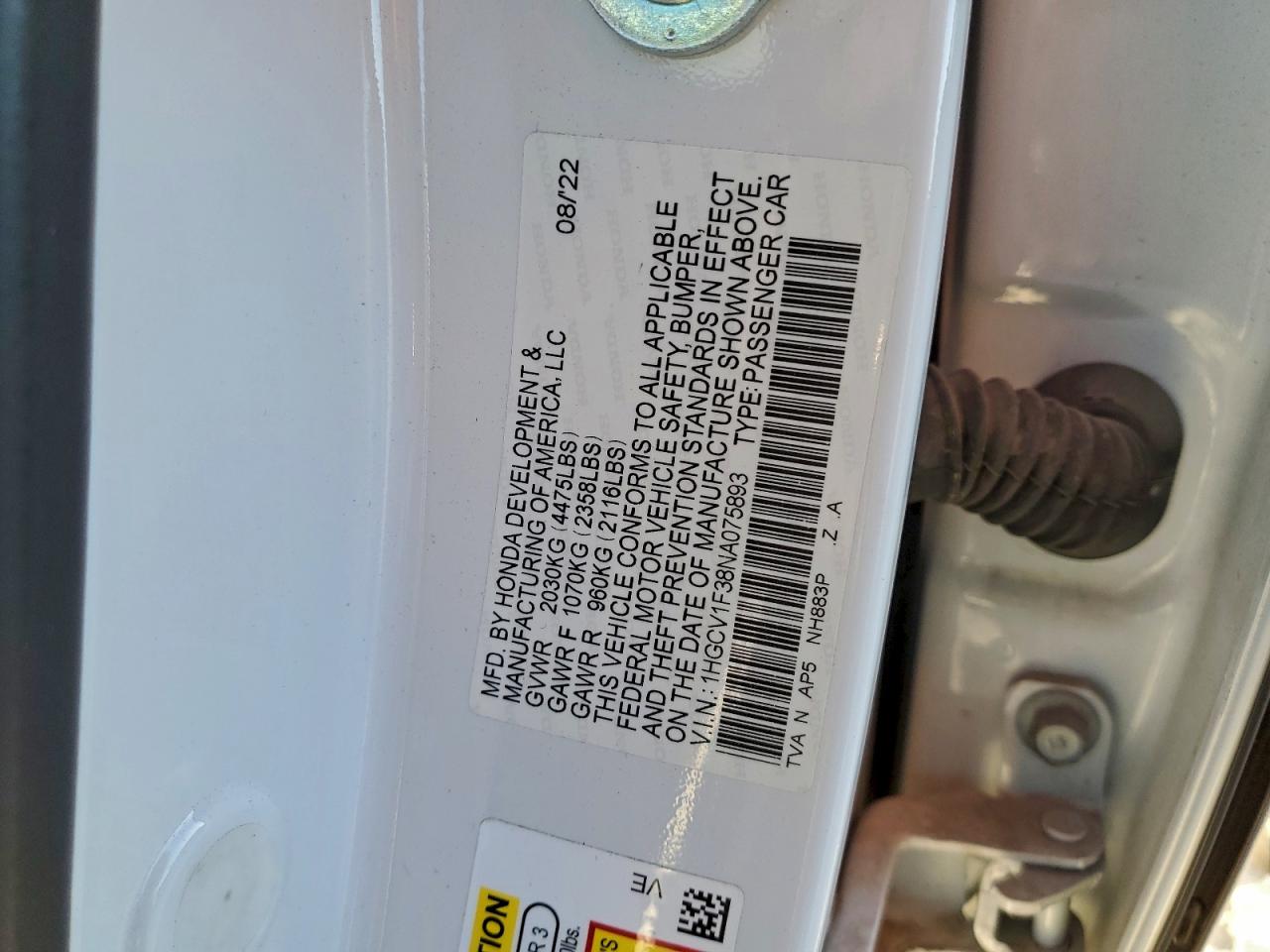 2022 Honda Accord Sport VIN: 1HGCV1F38NA075893 Lot: 96228045