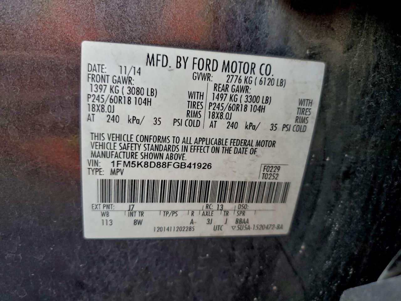 2015 Ford Explorer Xlt VIN: 1FM5K8D88FGB41926 Lot: 95561785