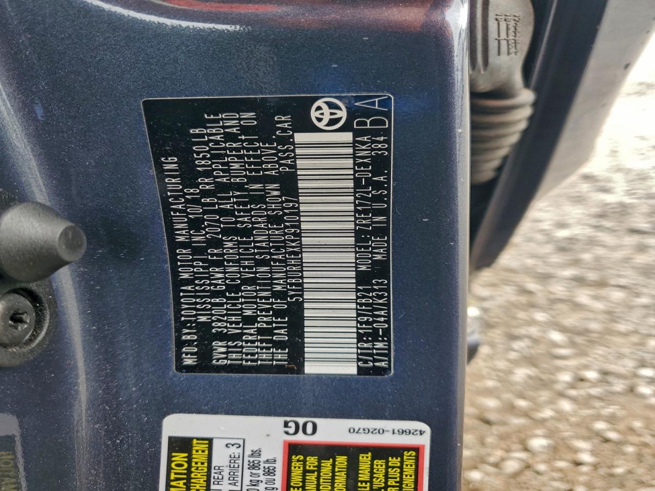 2019 Toyota Corolla L VIN: 5YFBURHEXKP910197 Lot: 94784025