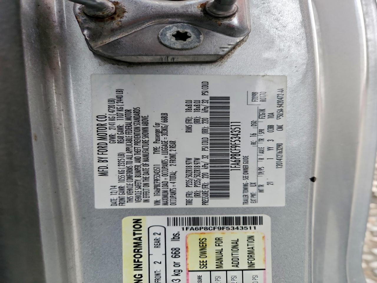 2015 Ford Mustang Gt VIN: 1FA6P8CF9F5343511 Lot: 95936805