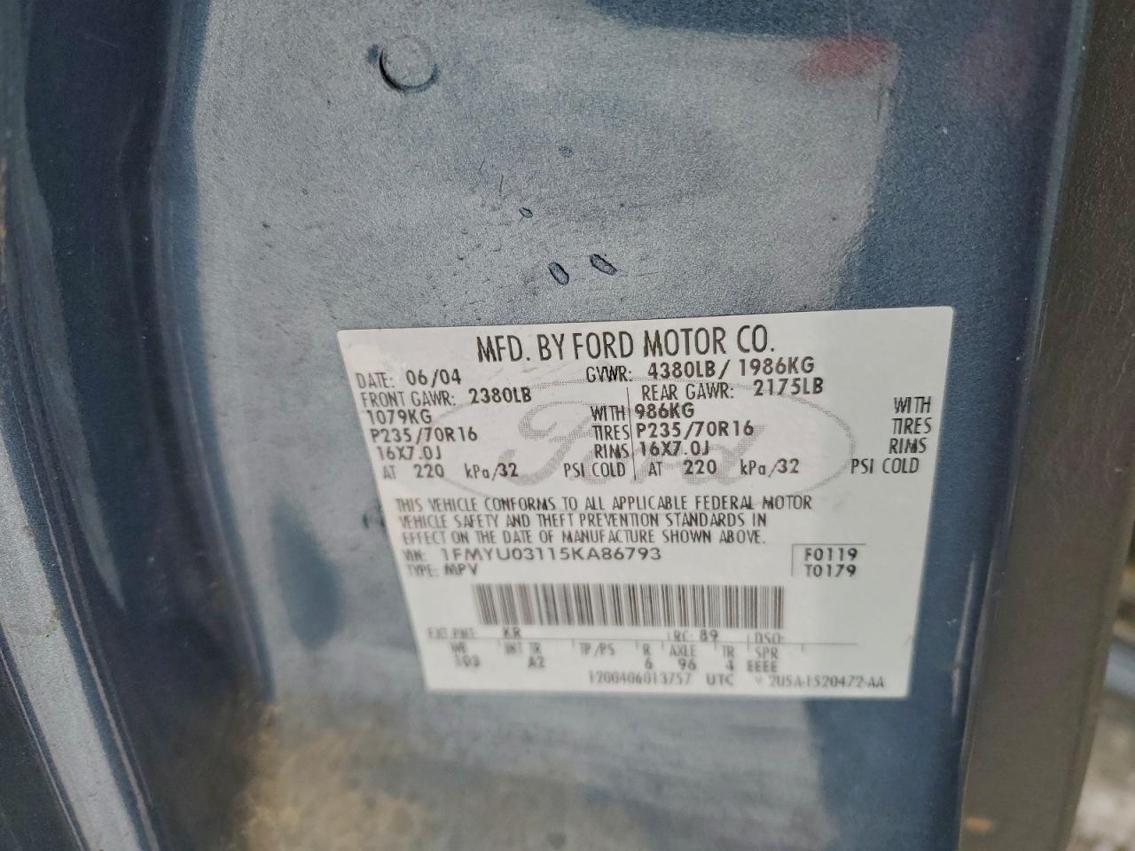 2005 Ford Escape Xlt VIN: 1FMYU03115KA86793 Lot: 95001825