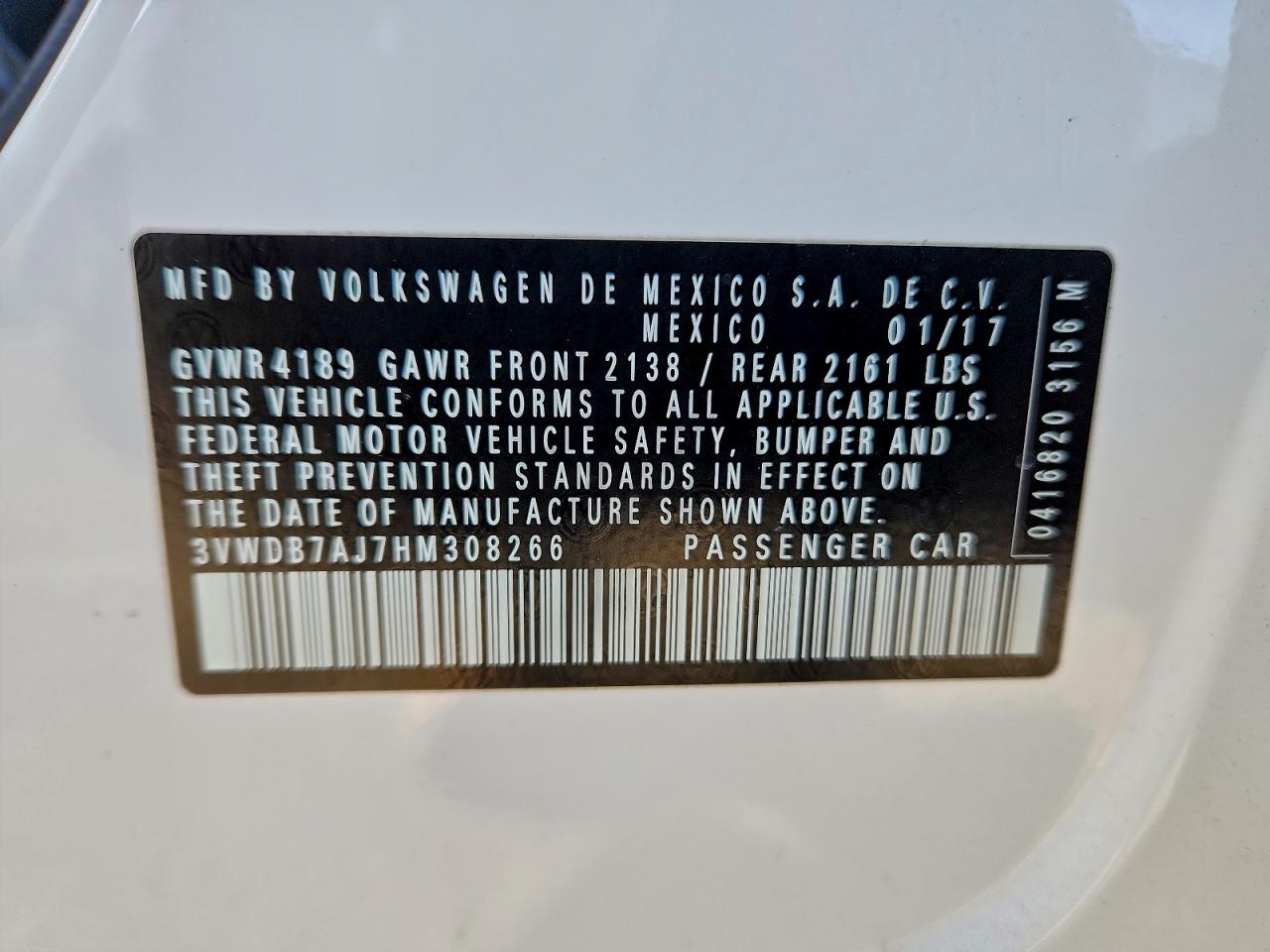 2017 Volkswagen Jetta Se VIN: 3VWDB7AJ7HM308266 Lot: 97224055