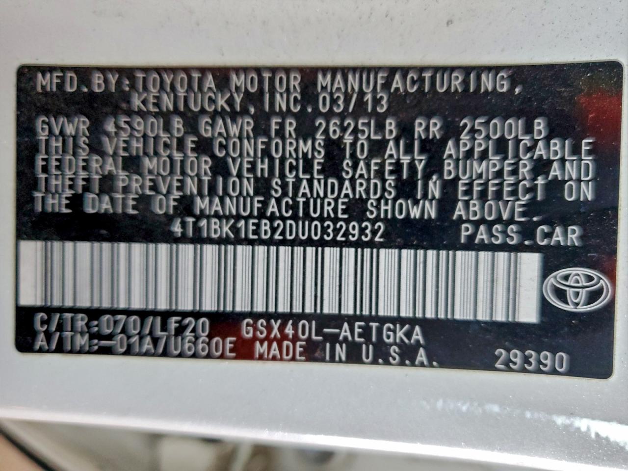 2013 Toyota Avalon Base VIN: 4T1BK1EB2DU032932 Lot: 95867935