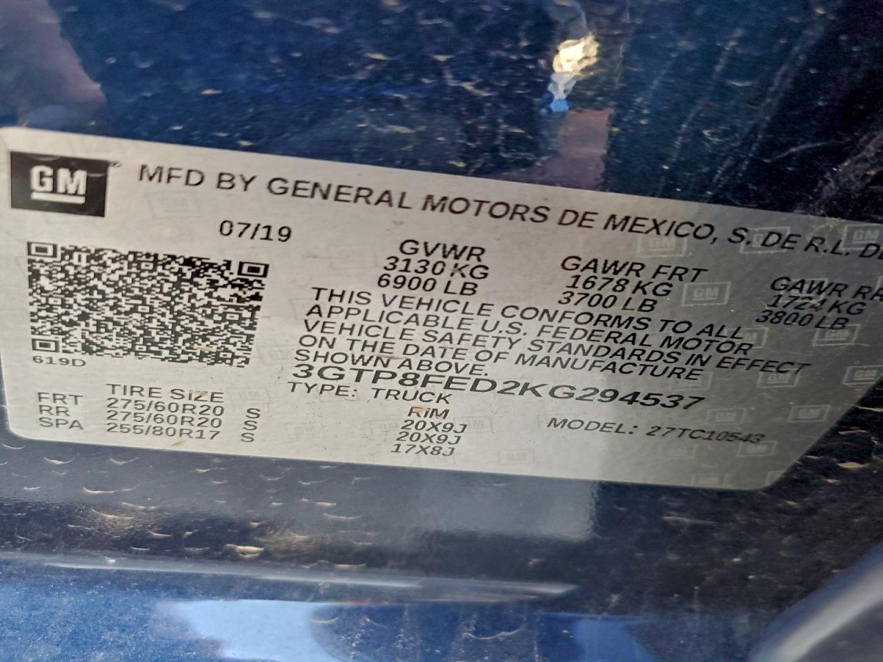 2019 GMC Sierra C1500 Denali VIN: 3GTP8FED2KG294537 Lot: 94576155