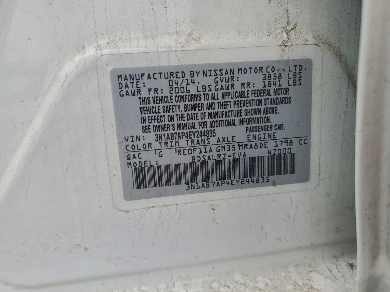 2014 Nissan Sentra S VIN: 3N1AB7AP4EY244835 Lot: 96306965