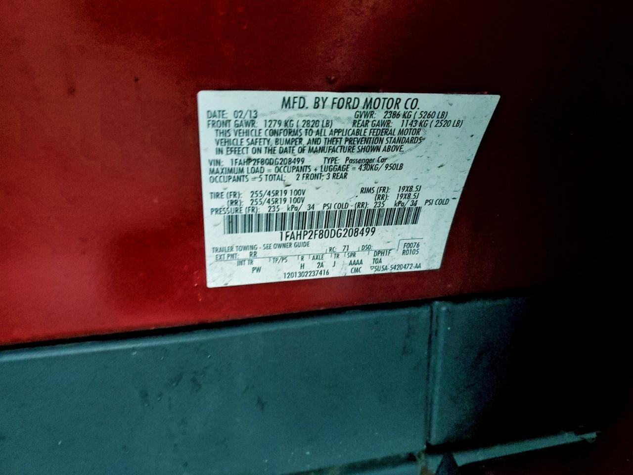 2013 Ford Taurus Limited VIN: 1FAHP2F80DG208499 Lot: 96113385