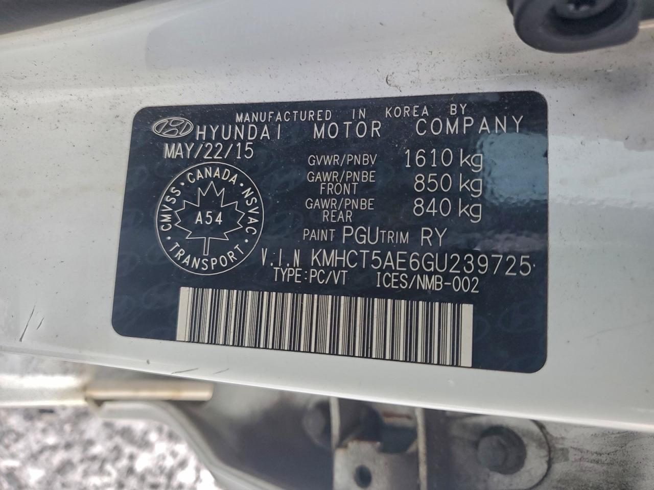 2016 Hyundai Accent Se VIN: KMHCT5AE6GU239725 Lot: 97495105