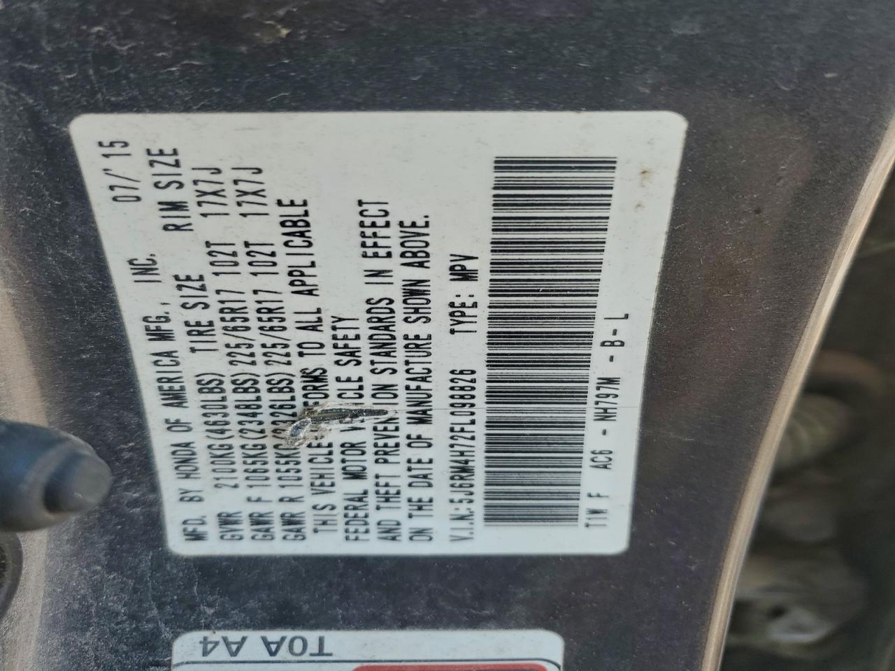 2015 Honda Cr-V Exl VIN: 5J6RM4H72FL098826 Lot: 94796875