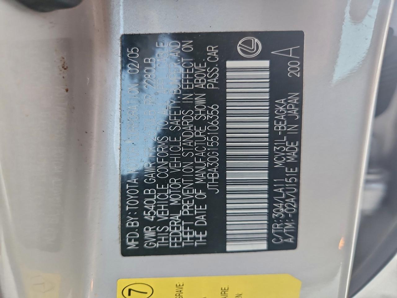 2005 Lexus Es 330 VIN: JTHBA30G155106356 Lot: 96296465