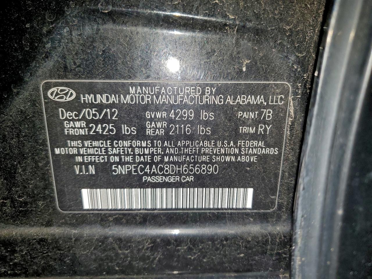 2013 Hyundai Sonata Se VIN: 5NPEC4AC8DH656890 Lot: 94192815