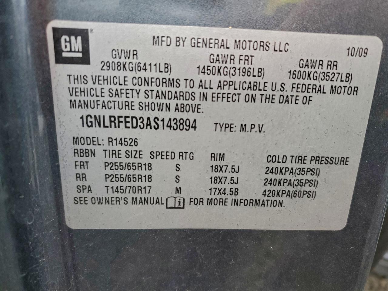 2010 Chevrolet Traverse Lt VIN: 1GNLRFED3AS143894 Lot: 97155135