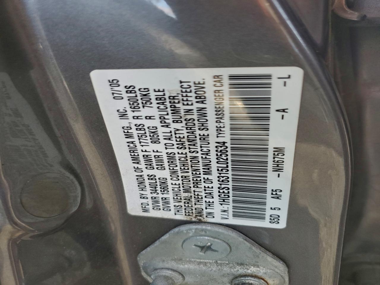 2005 Honda Civic Dx Vp VIN: 1HGES16315L025634 Lot: 93403505