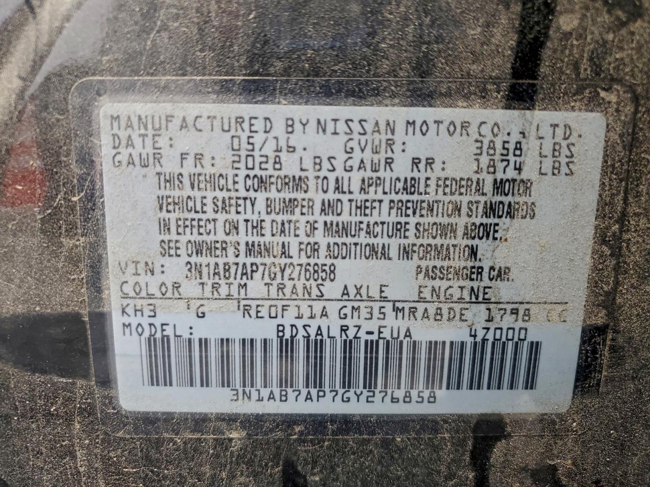 2016 Nissan Sentra S VIN: 3N1AB7AP7GY276858 Lot: 93328775