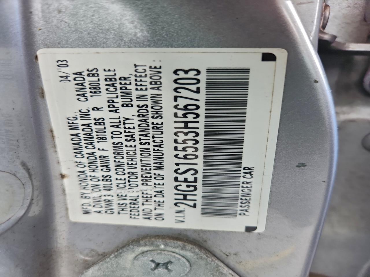 2003 Honda Civic Lx VIN: 2HGES16553H567203 Lot: 95025975