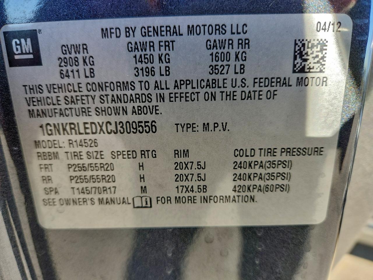 2012 Chevrolet Traverse Ltz VIN: 1GNKRLEDXCJ309556 Lot: 94712415