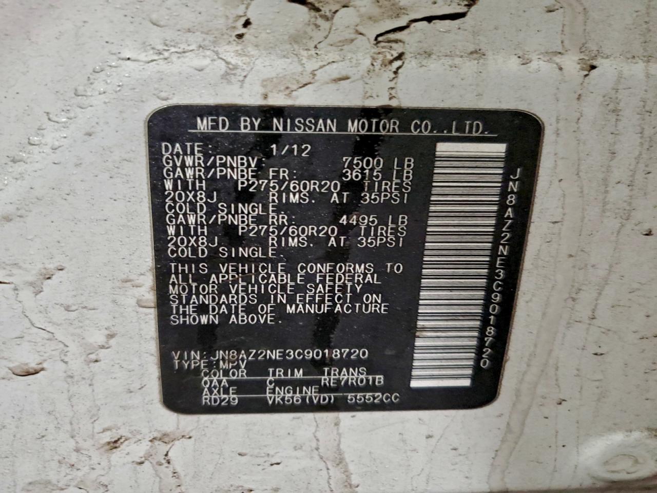 2012 Infiniti Qx56 VIN: JN8AZ2NE3C9018720 Lot: 95052855