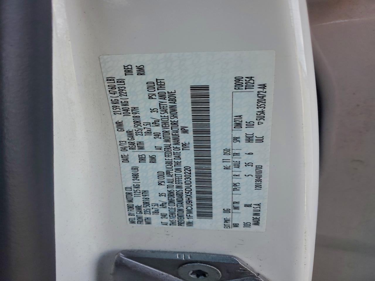 2013 Ford Escape Sel VIN: 1FMCU9HX5DUD30220 Lot: 96695215