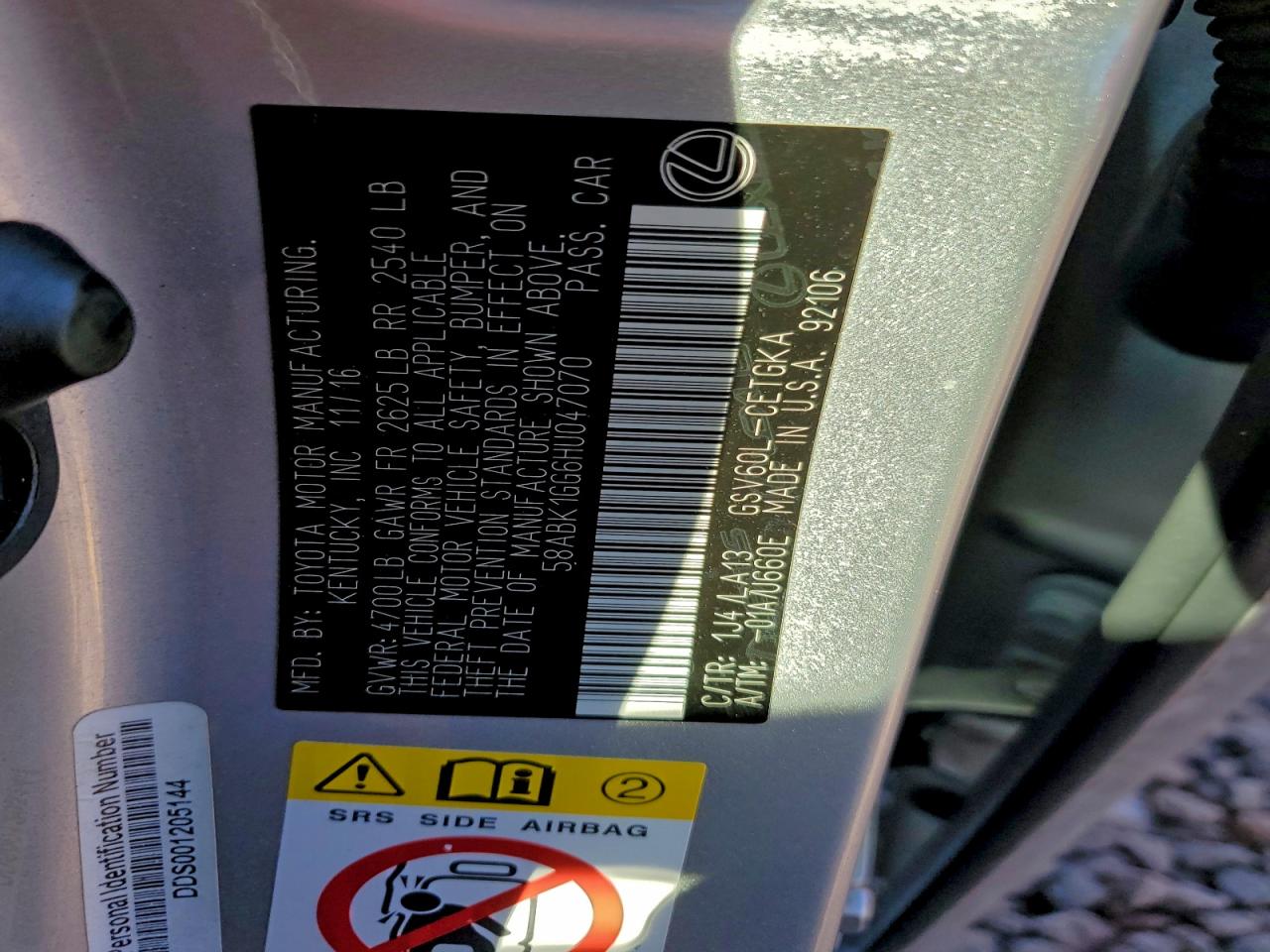 2017 Lexus Es 350 VIN: 58ABK1GG6HU047070 Lot: 94343105