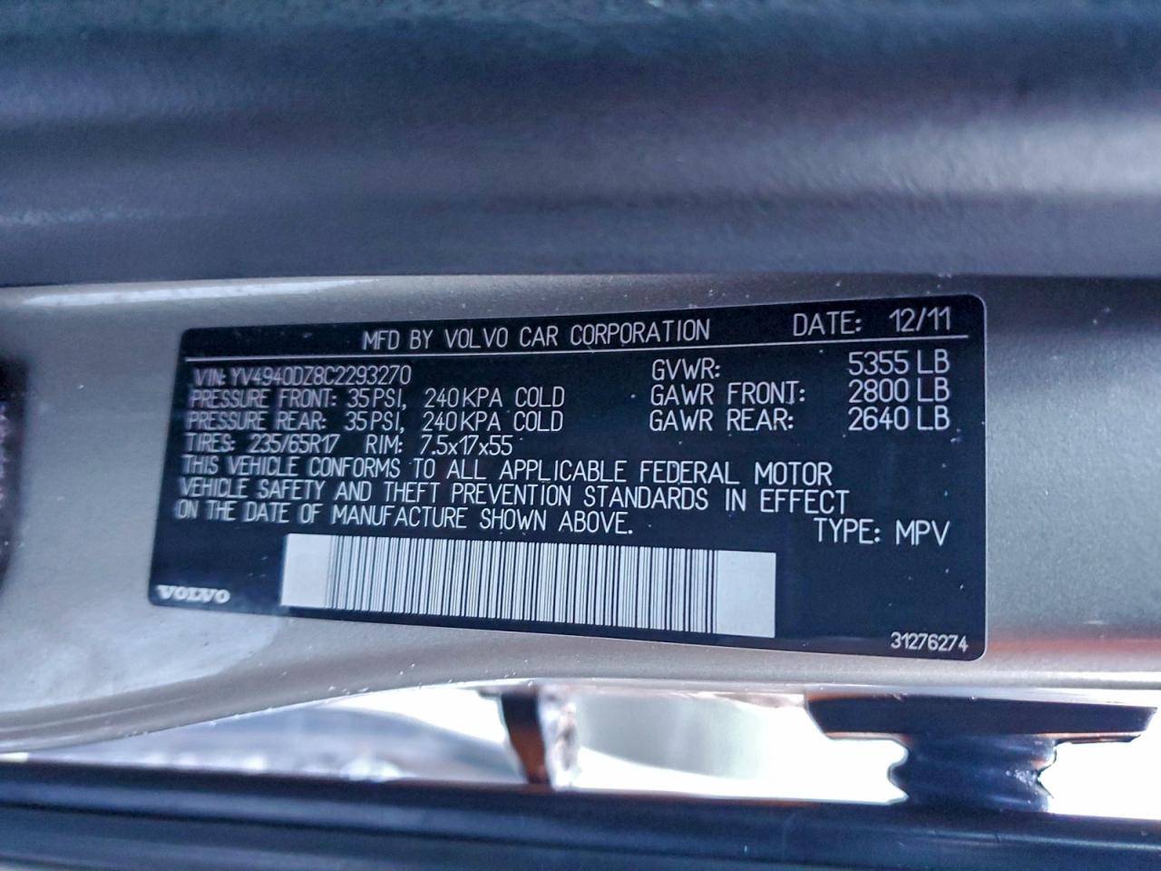 2012 Volvo Xc60 3.2 VIN: YV4940DZ8C2293270 Lot: 93994365