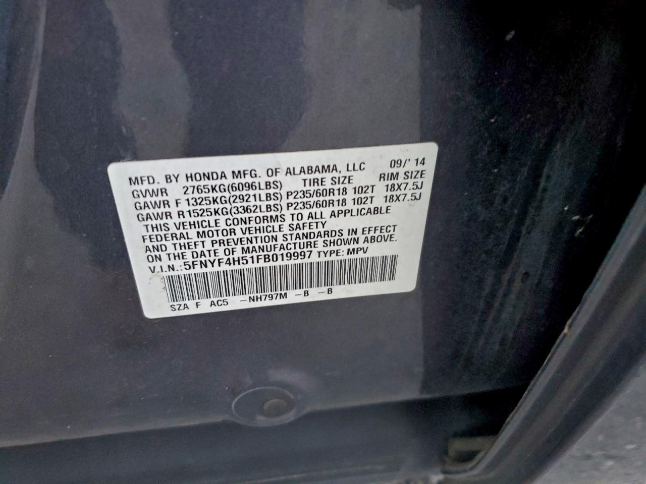 2015 Honda Pilot Exl VIN: 5FNYF4H51FB019997 Lot: 95788405