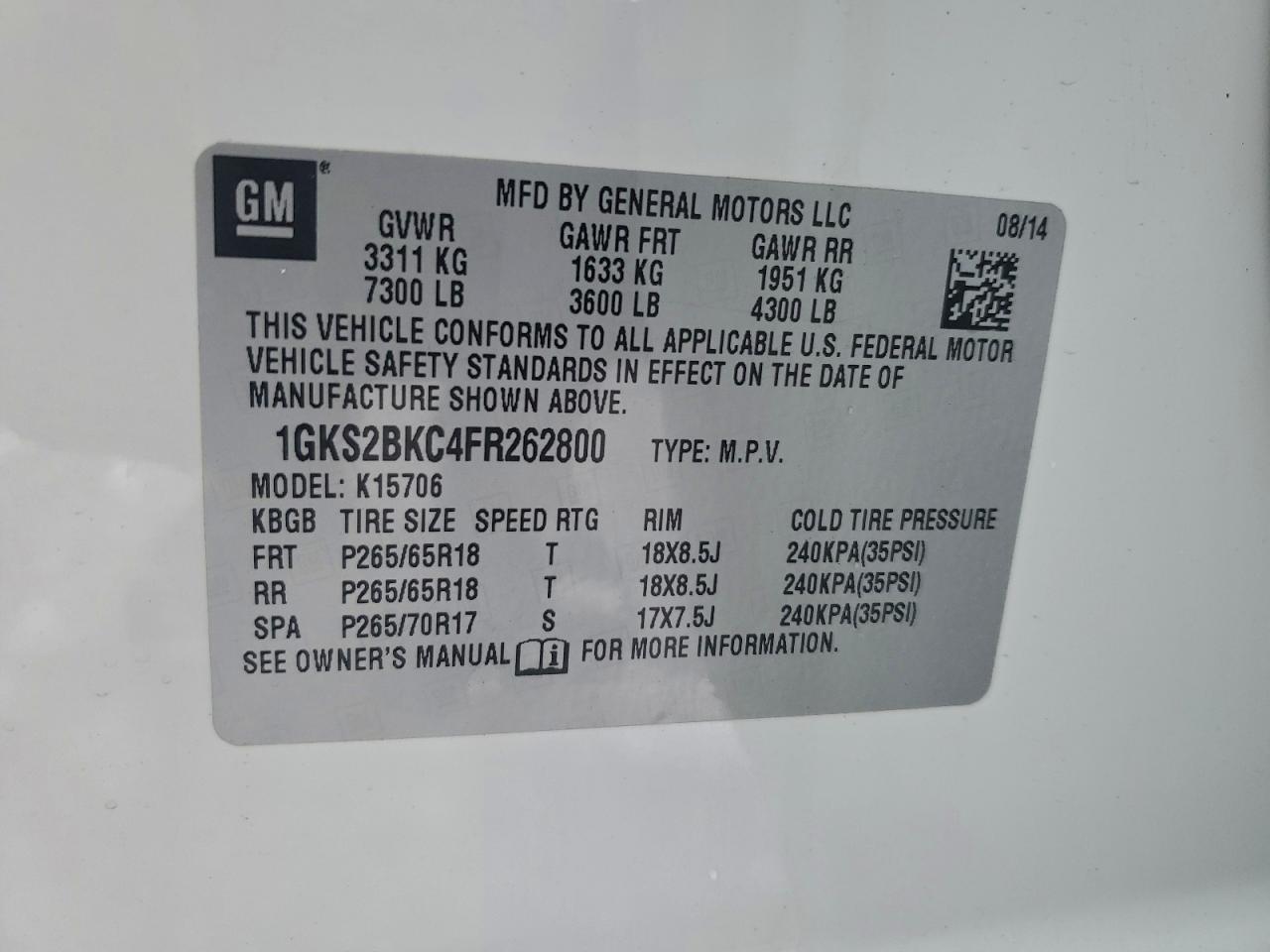 2015 GMC Yukon Slt VIN: 1GKS2BKC4FR262800 Lot: 95160705