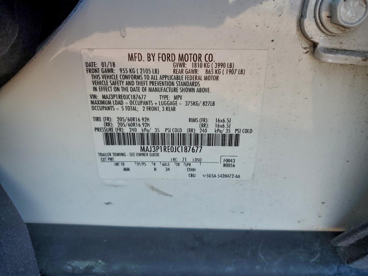 2018 Ford Ecosport S VIN: MAJ3P1RE0JC187677 Lot: 94503085