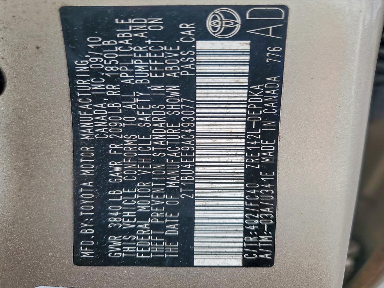 2010 Toyota Corolla Base VIN: 2T1BU4EE9AC493077 Lot: 95328815