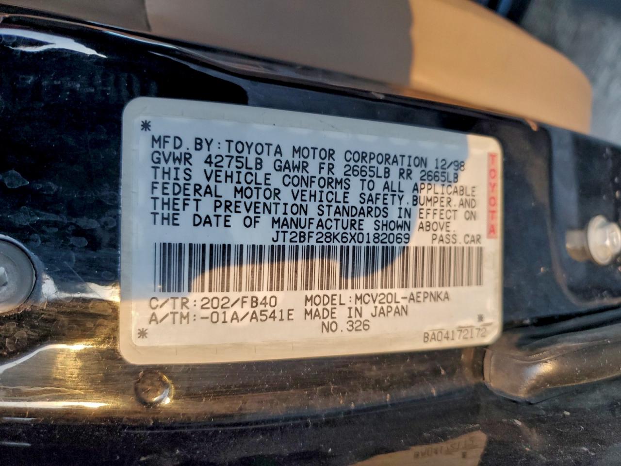 1999 Toyota Camry Le VIN: JT2BF28K6X0182069 Lot: 94368935