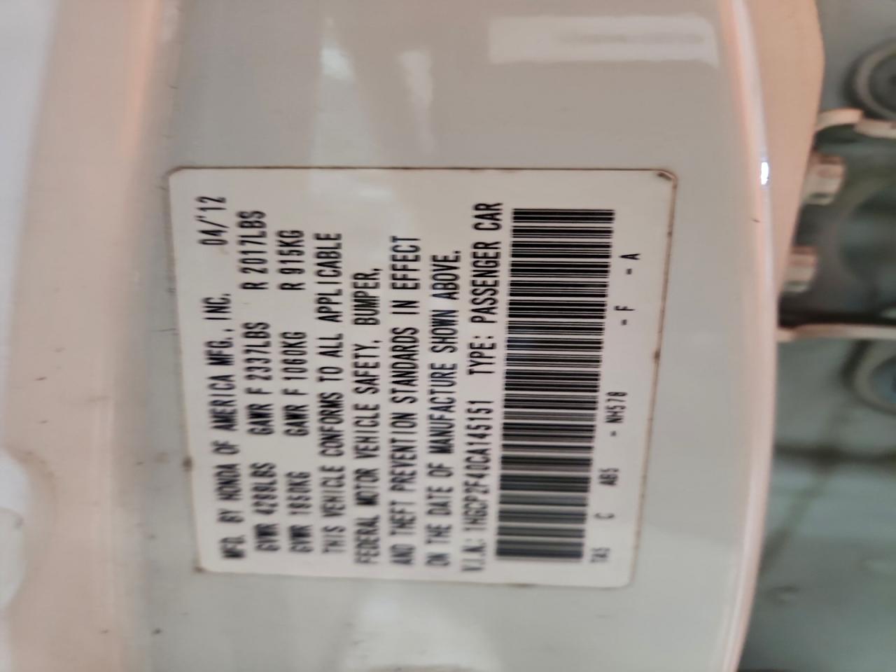 2012 Honda Accord Lxp VIN: 1HGCP2F40CA145151 Lot: 95501585