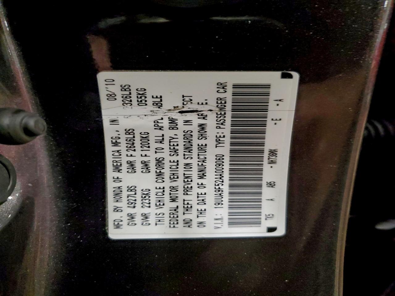 2010 Acura Tl VIN: 19UUA9F52AA009060 Lot: 95657985