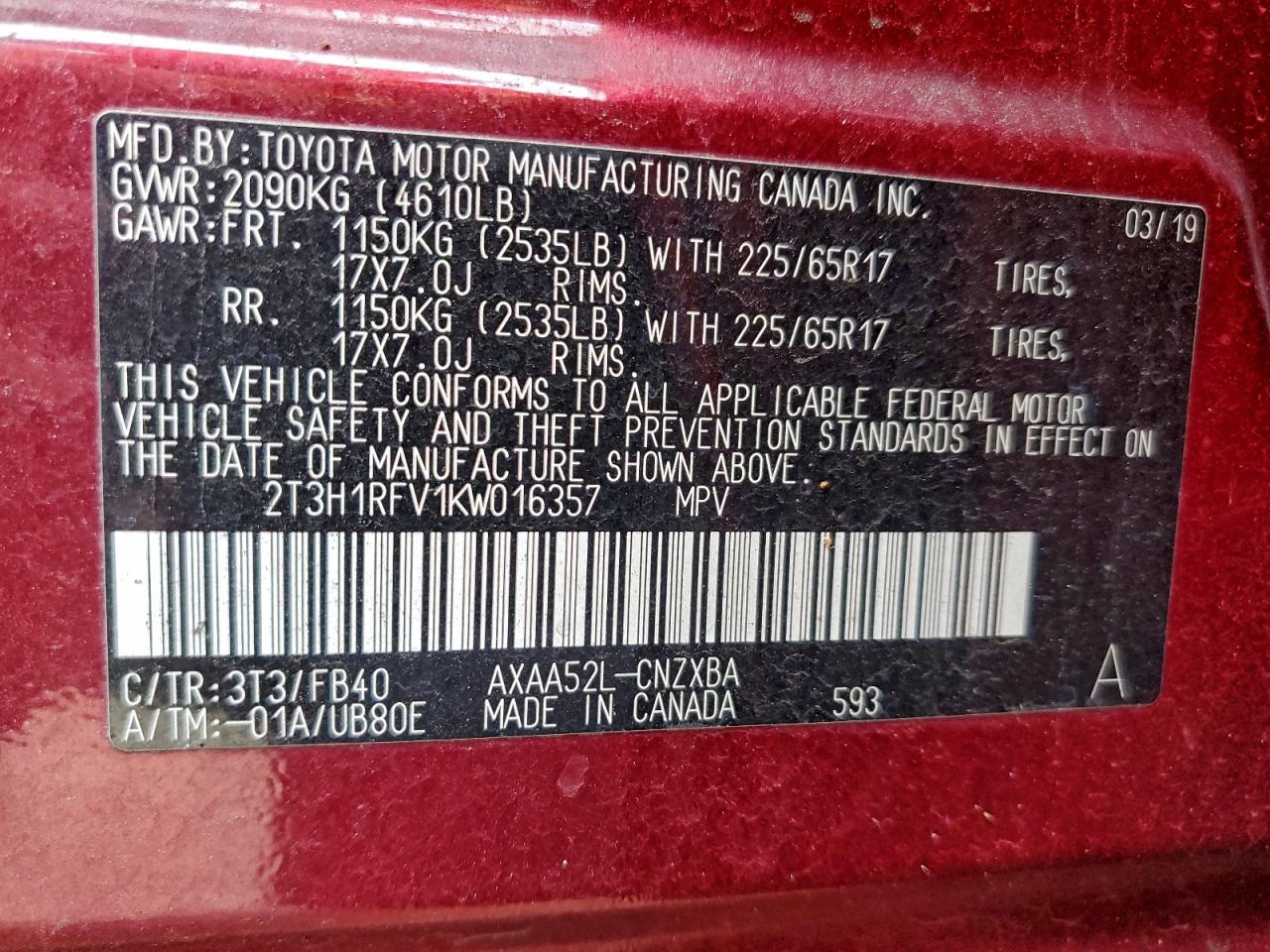 2019 Toyota Rav4 Le VIN: 2T3H1RFV1KW016357 Lot: 94715555