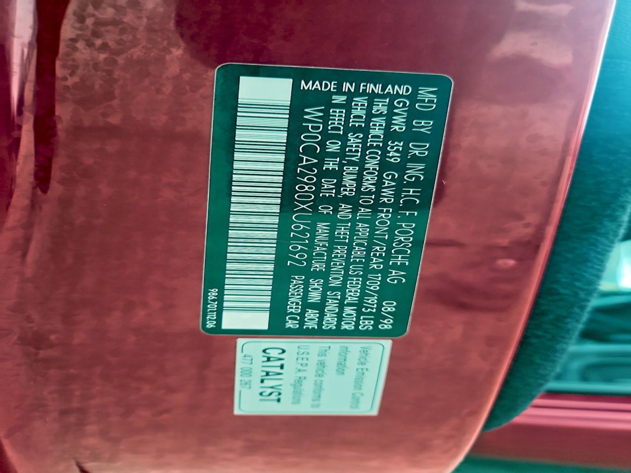 1999 Porsche Boxster VIN: WP0CA2980XU621692 Lot: 95893885