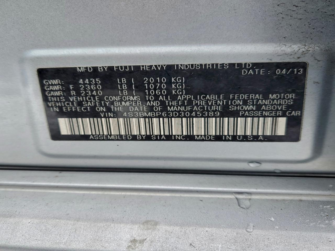 2013 Subaru Legacy 2.5I Limited VIN: 4S3BMBP63D3045389 Lot: 95312255