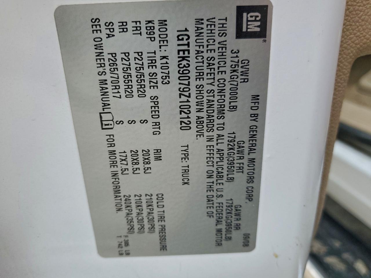 2009 GMC Sierra K1500 Slt VIN: 1GTEK39079Z102120 Lot: 95327325