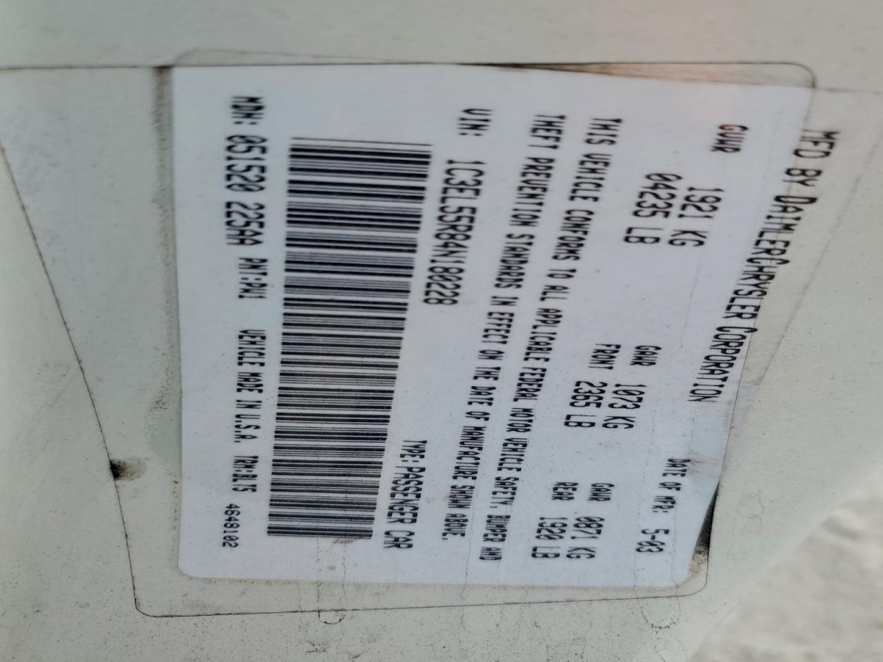 2004 Chrysler Sebring Lxi VIN: 1C3EL55R84N180228 Lot: 94460075