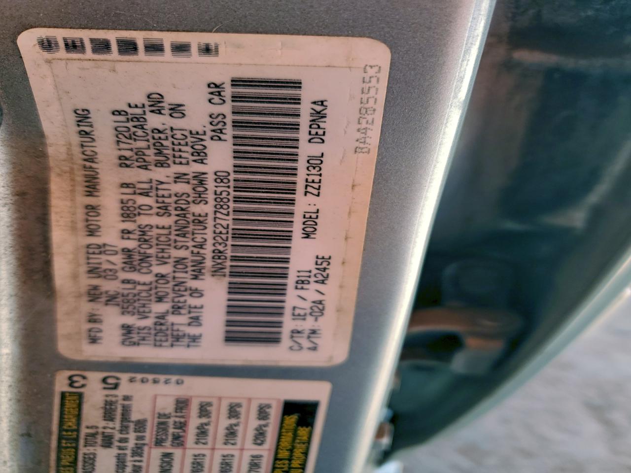 2007 Toyota Corolla Ce VIN: 1NXBR32E27Z885180 Lot: 96149485