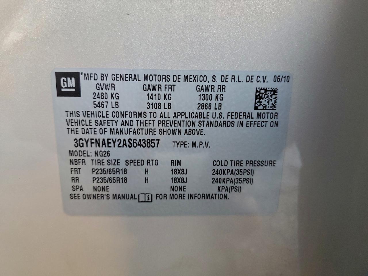 2010 Cadillac Srx Luxury Collection VIN: 3GYFNAEY2AS643857 Lot: 95995685